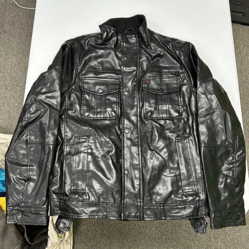 Levi's Faux Leather Jacket Mens S Black Sherpa Lined Multi Pocket Moto